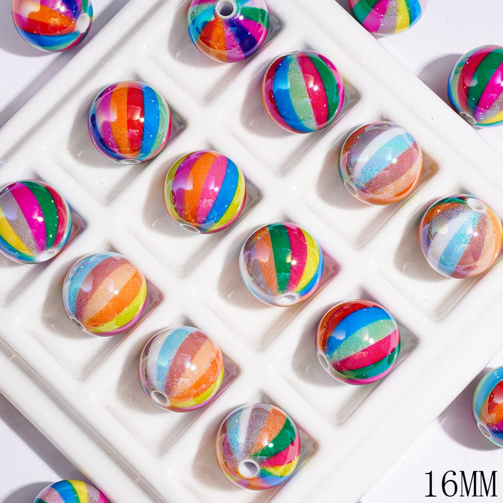 UV-Coated Acrylic Beads for Bracelets with Rainbow Stripes, 16MM Random Mix