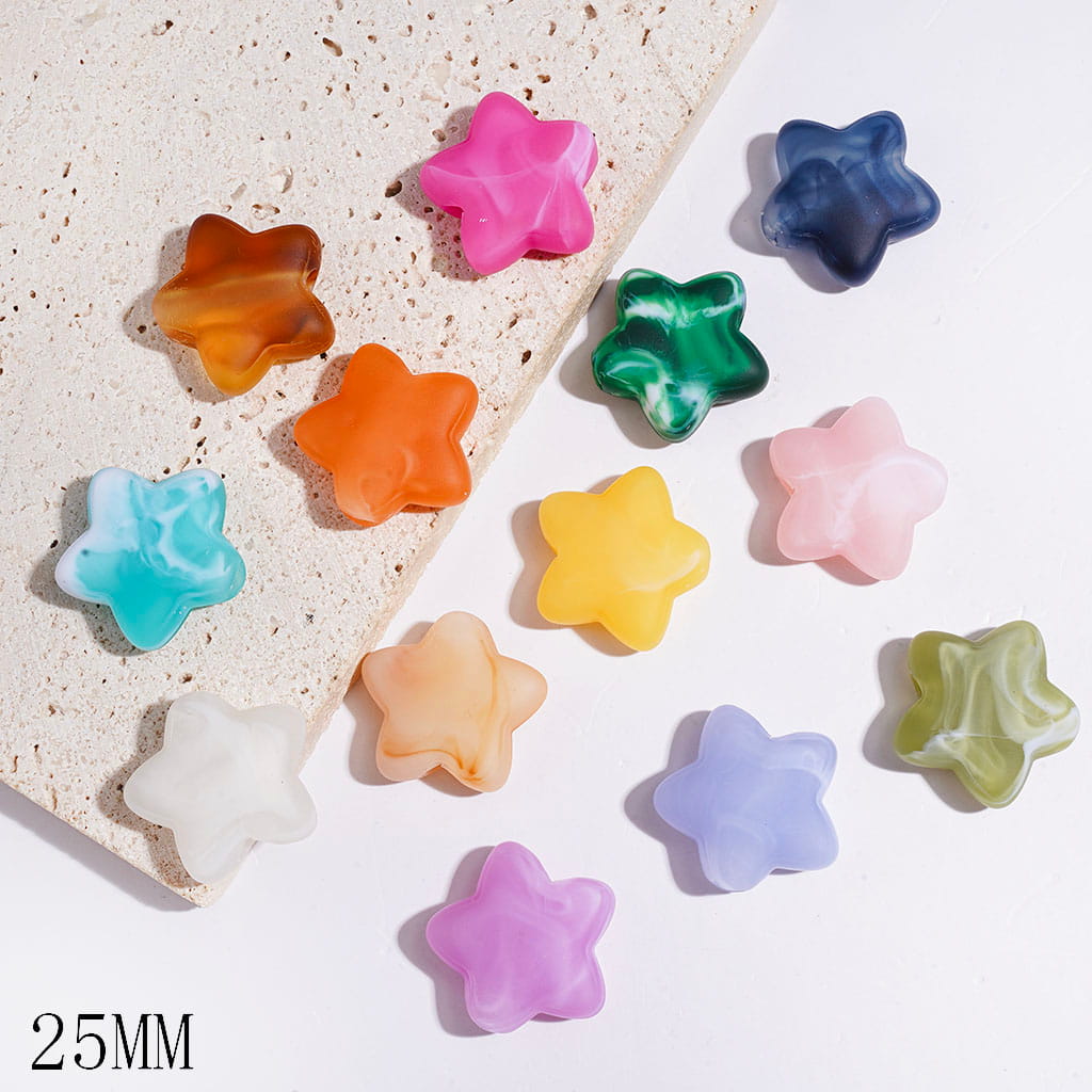 Acrylic Beads Matte Five-Pointed Star with White Brown Blend Texture, Big Hole Beads, 25MM, Multi-Color Random Mix  (The Bead Hole Diameter is Around 4MM)