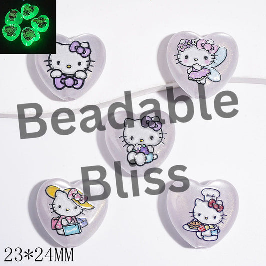 Luminous Acrylic Beads Heart with Cute Cat Character and Glitter, 23*24MM Random Mix