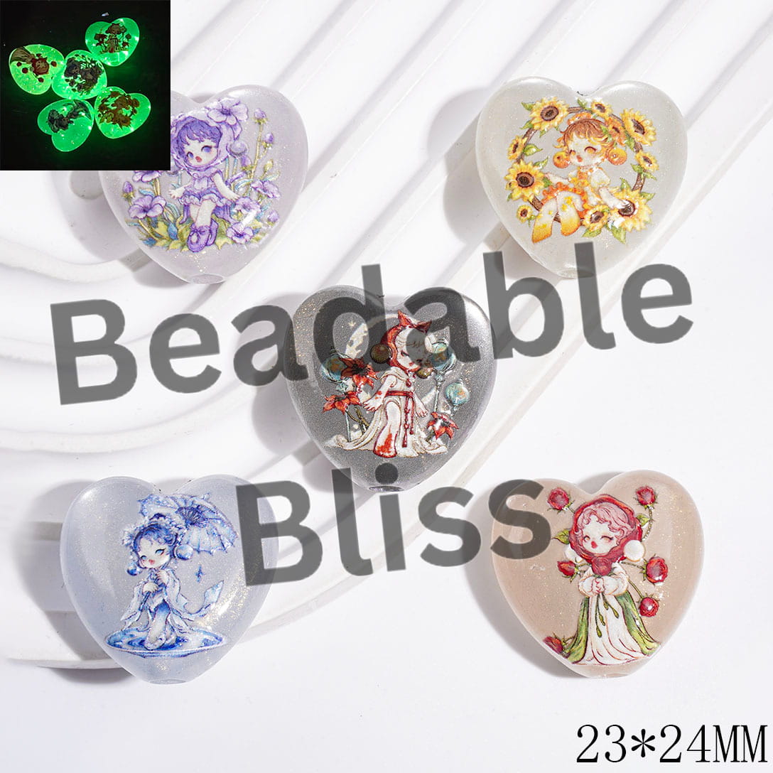 Luminous Acrylic Beads Heart with Tranditional Style Girl Character and Glitter, 23*24MM Multi-Color Random Mix