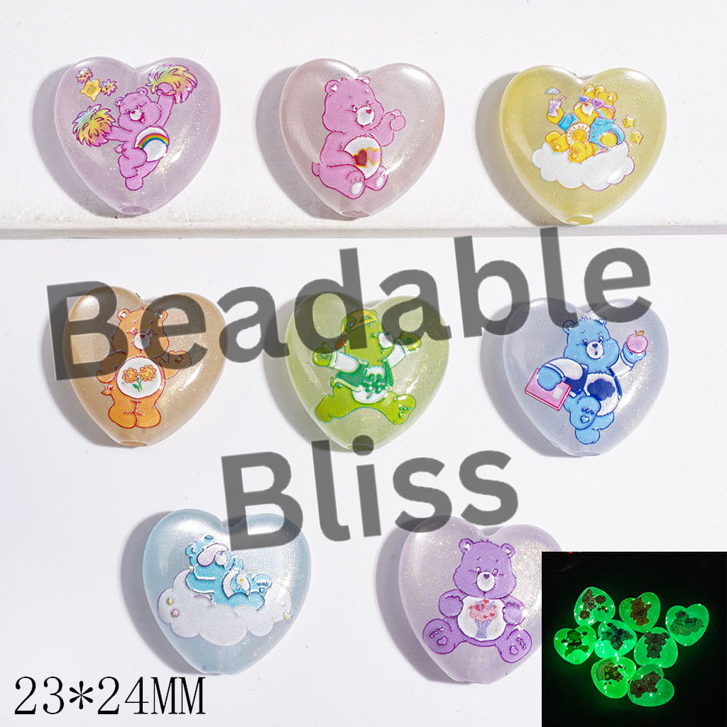 Luminous Acrylic Beads Heart with Diverse Style Rainbow Bear and Glitter, 23*24MM Multi-Color Random Mix