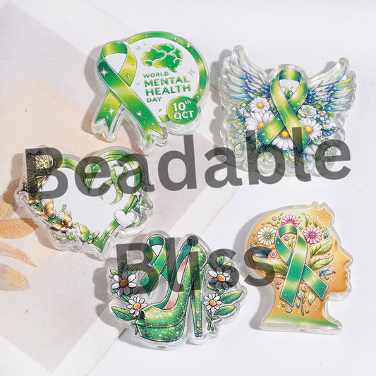 Acrylic Beads Mental Health Awareness Theme, Flower Silk Ribbon Print, Green Series, Random Mix