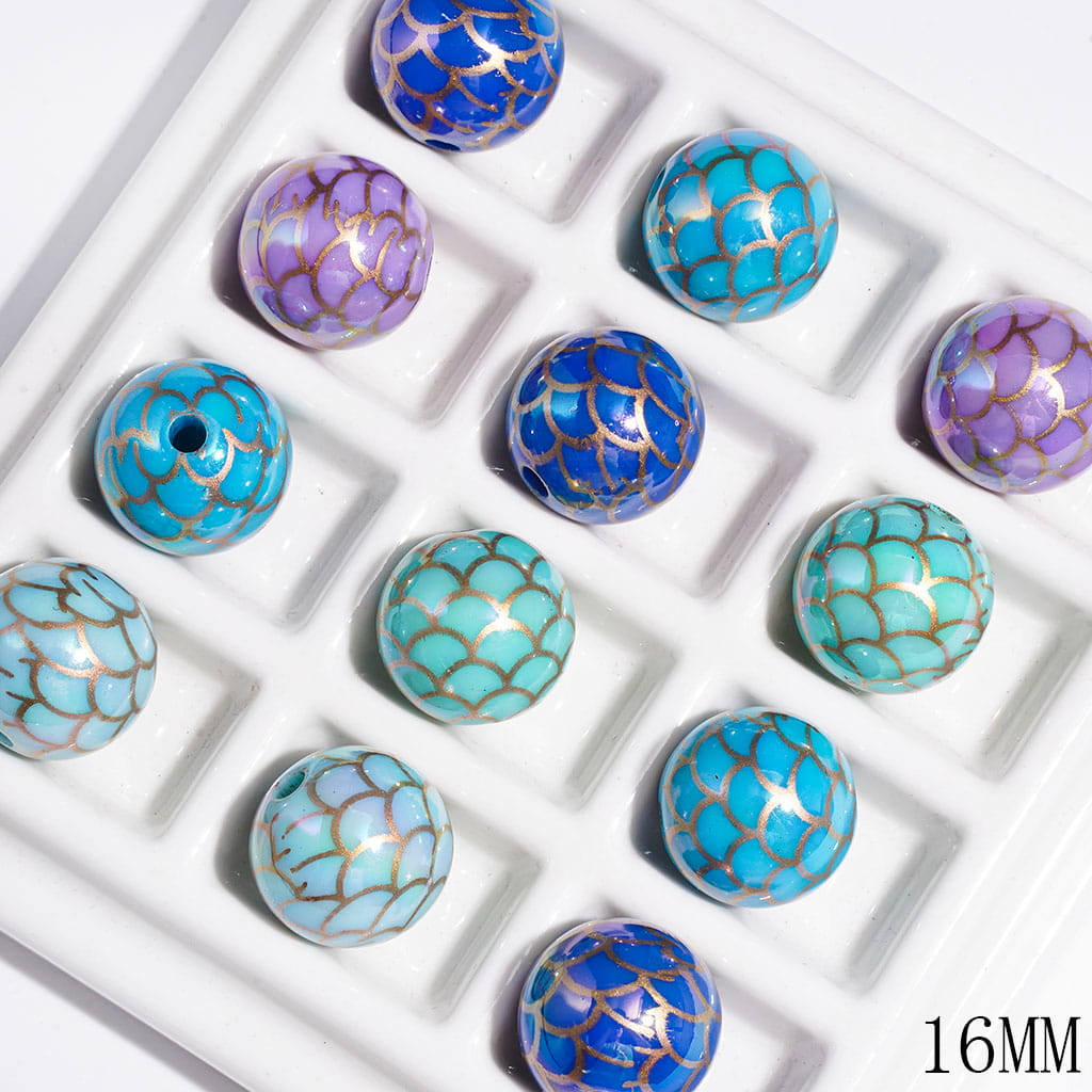 UV-Coated Acrylic Beads for Bracelets with Fish Scale Texture in Blue Purple, 16MM, Random Mix