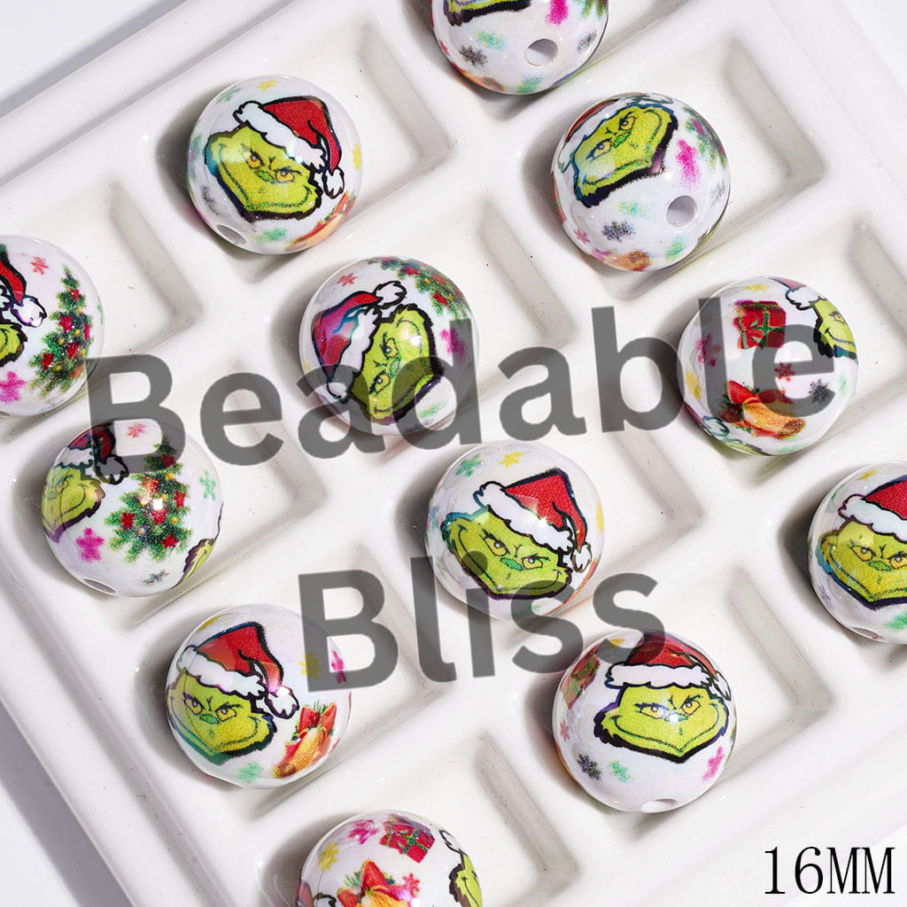 UV-Coated Acrylic Beads for Bracelets with Christmas Green Character Portrait and Gift Box Ball Tree, 16MM