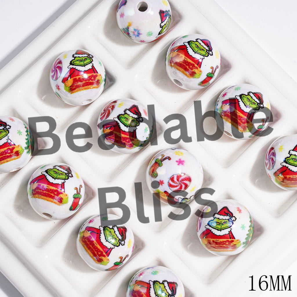UV-Coated Acrylic Beads for Bracelets Christmas Green Character with Red Sweater Candy Cane Snowflake Tree, 16MM