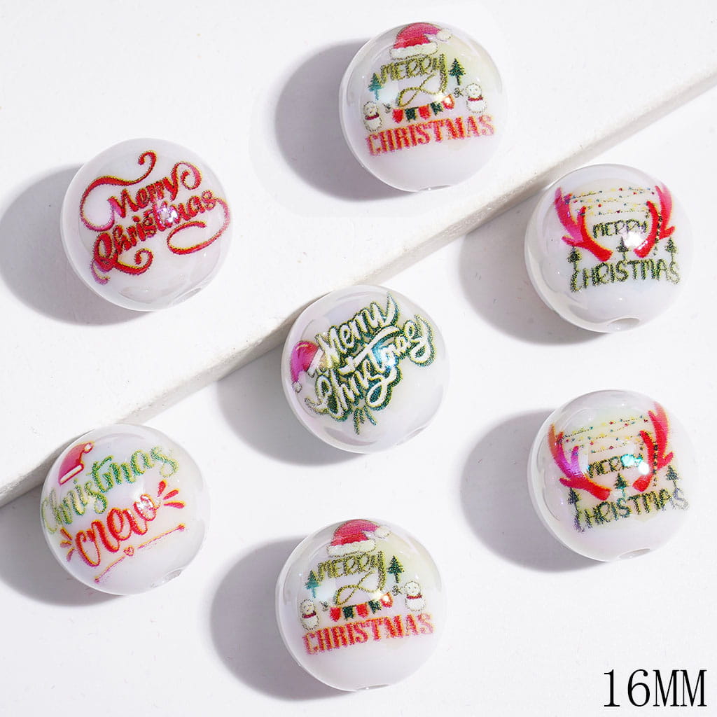 UV-Coated Acrylic Beads for Bracelets Deer Antlers Christmas Tree Hat Snowman and Text, 16MM Random Mix
