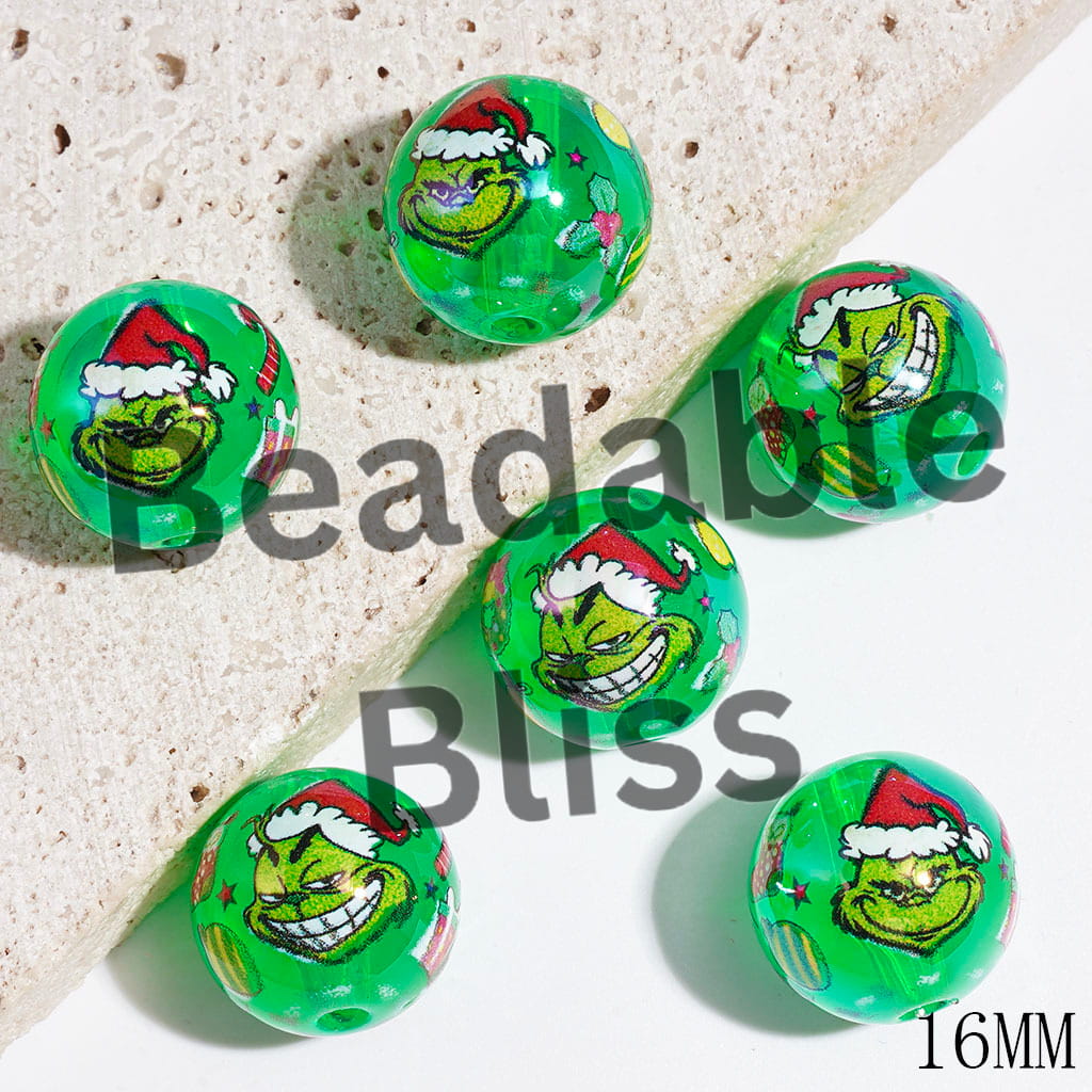 Acrylic Beads for Bracelets with Diverse Facial Expression Green Character and Candy Cane Wreath Stocking, Dark Green, 16MM