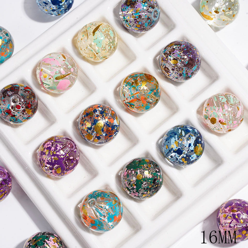 Acrylic Beads for Bracelets Multi-Color Splash-Ink and Gold Spots, 16MM Multi-Color Random Mix