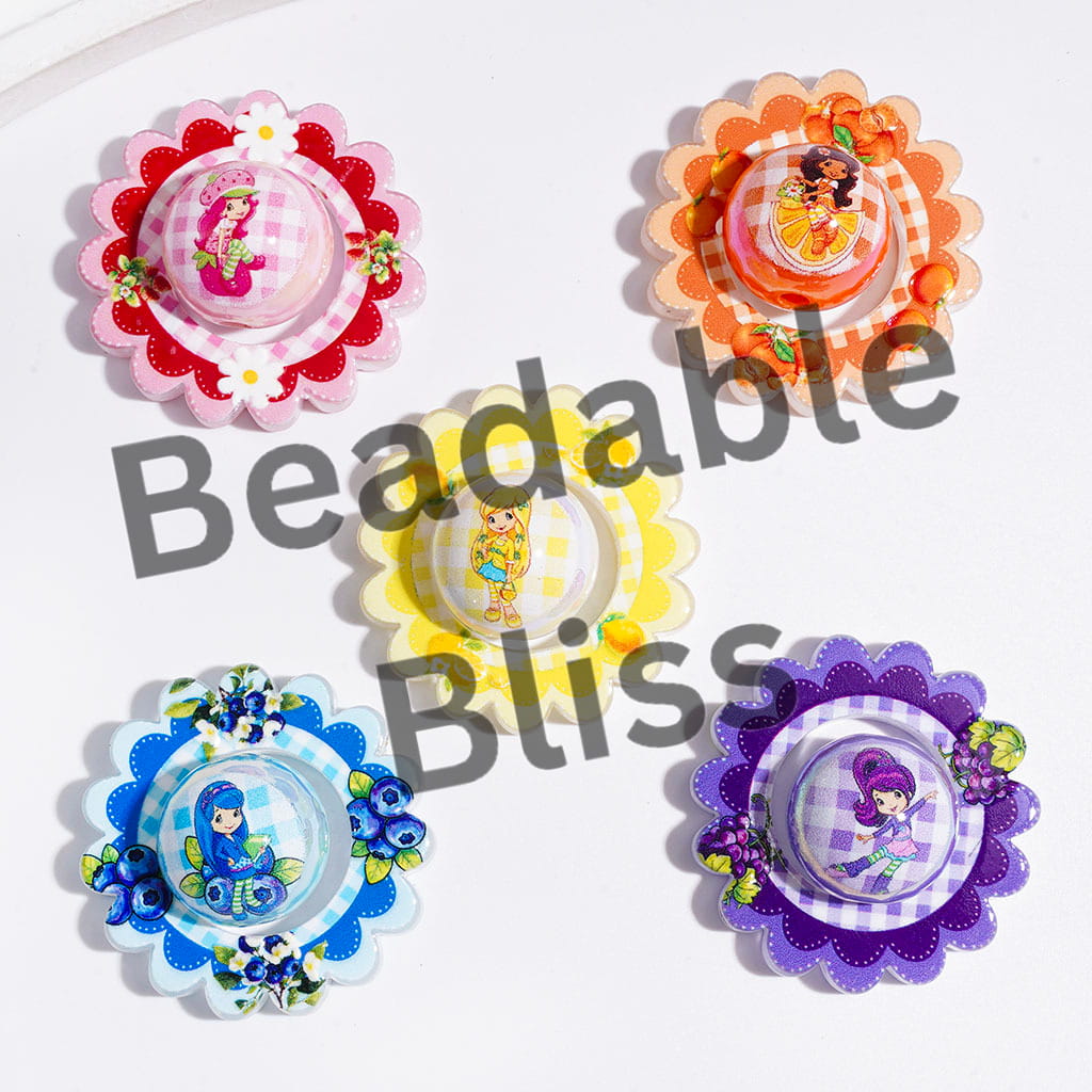Acrylic Beads with Fruit Girl Patterns, Hollowed Flower and UV-Coated Round Beads, Multi-Color, Random Mix (Please Read Description)