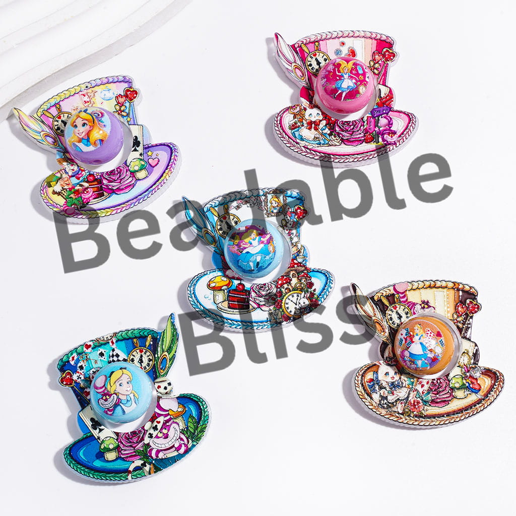 Hollowed Magic Hat and Round Beads Collection Set Acrylic Beads, Girl Character into Rabbit Hole Patterns, Random Mix (Please Read Description)