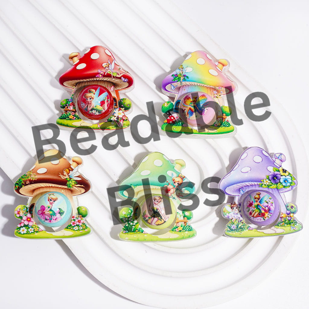 Acrylic Beads Hollowed Mushroom House and Round Beads Collection Set, Flying Fairy Character Prints, Multi-Color, Random Mix
