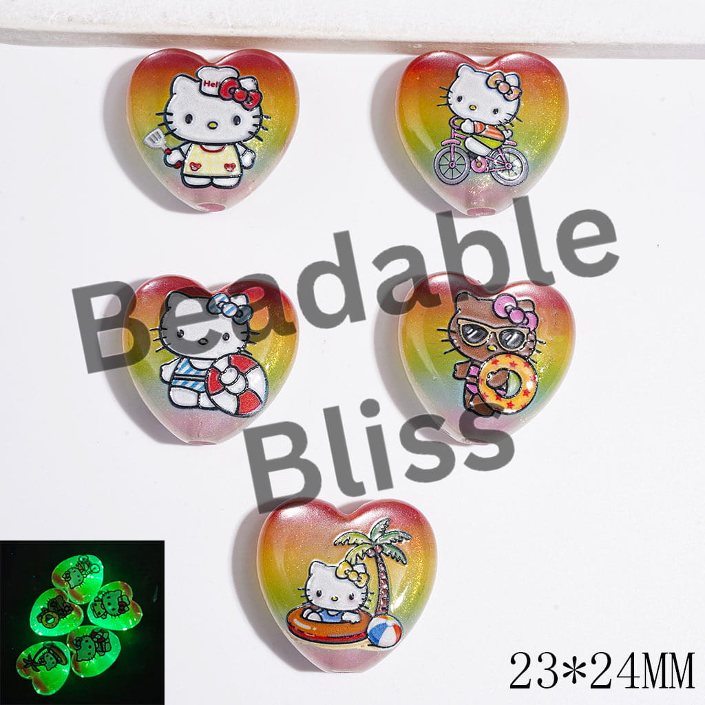 Acrylic Beads with Summer Vacation Theme Cute Cat Character Prints and Glitter, Luminous Heart in Cat Eye Style, 23*24MM, Four Ombre Colors, Random Mix