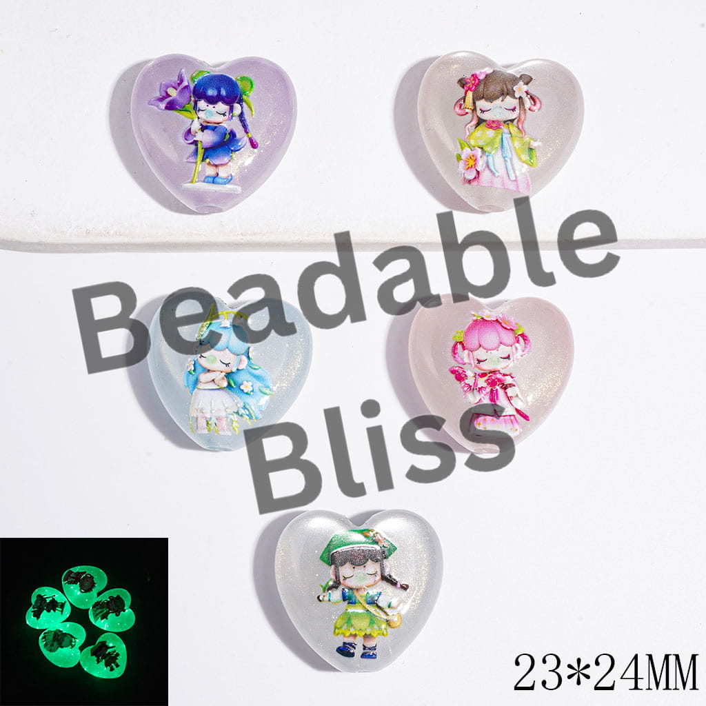 Acrylic Beads Luminous Cat Eye Style Heart, with Gold Glitter & Sleeping Girl Holding Flower Butterfly Grass Prints, 23*24MM, Random Mix