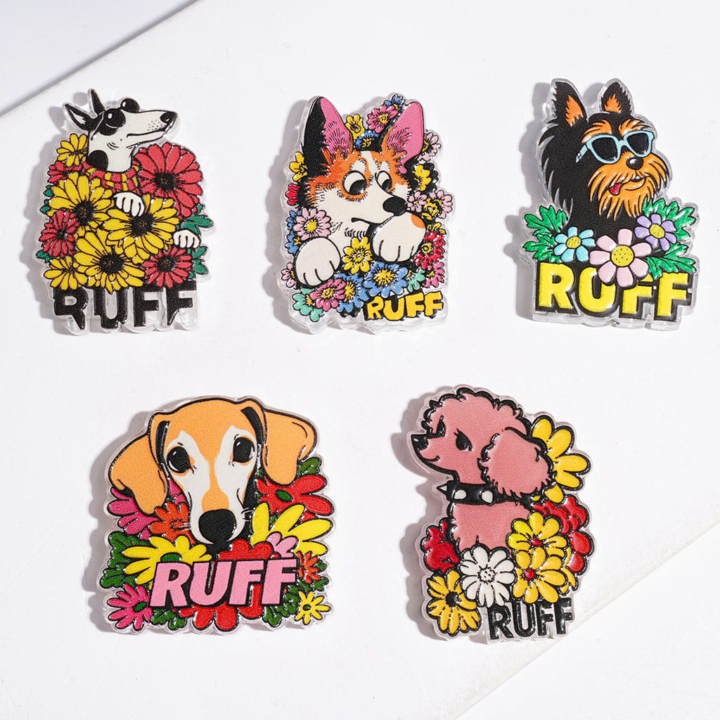 Acrylic Beads with Text "RUFF" & Pet Dog with Flower, Poodle Greyhound Corgi Beagle Yorkshire, Random Mix