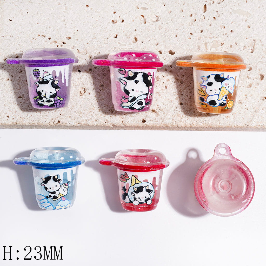 Acrylic Beads and Pendants Milk Cup with Dairy Cattle and Fruit Dessert Print, Height 23MM, Multi-Color, Random Mix