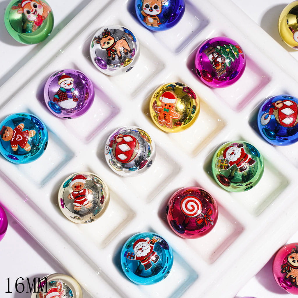 Acrylic Beads Metallic Finish with Christmas Tree Santa Claus Deer Gingerbread Snowman Bell Wreath Candy Prints, Round Beads for Bracelets, 16MM, Random Mix