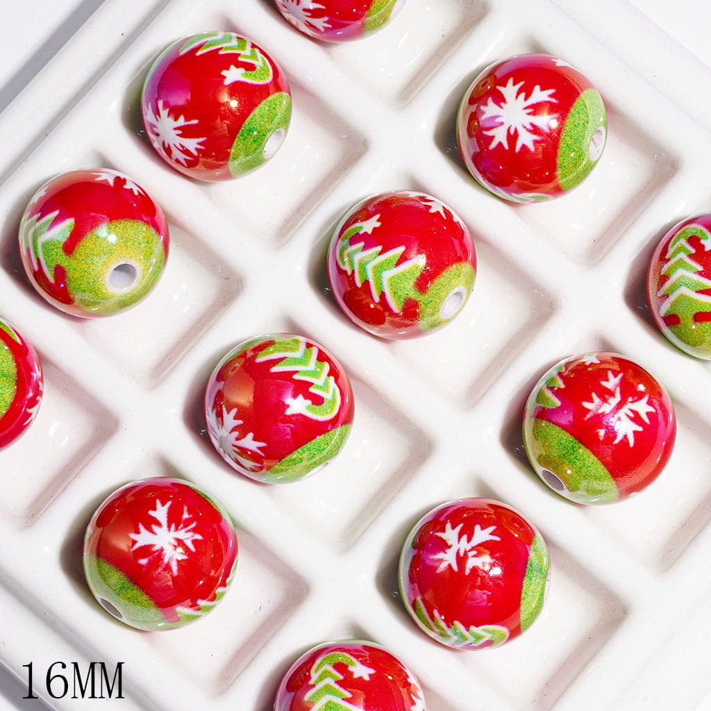 UV Finish Green Christmas Tree and White Snowflake Printed Acrylic Beads for Bracelets, 16MM
