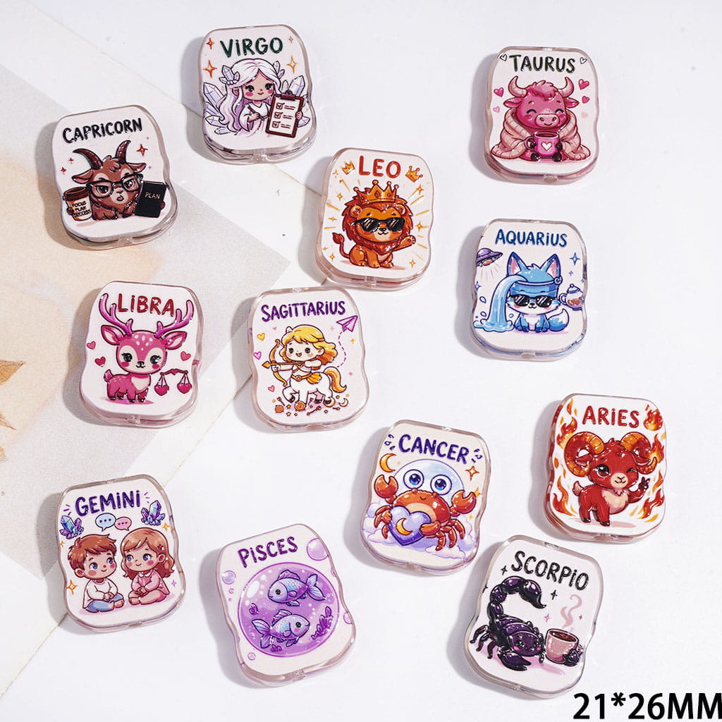 Twelve Constellations Theme with Cartoon Character and Animal Acrylic Beads, Semi-Clear, 21*26MM Random Mix