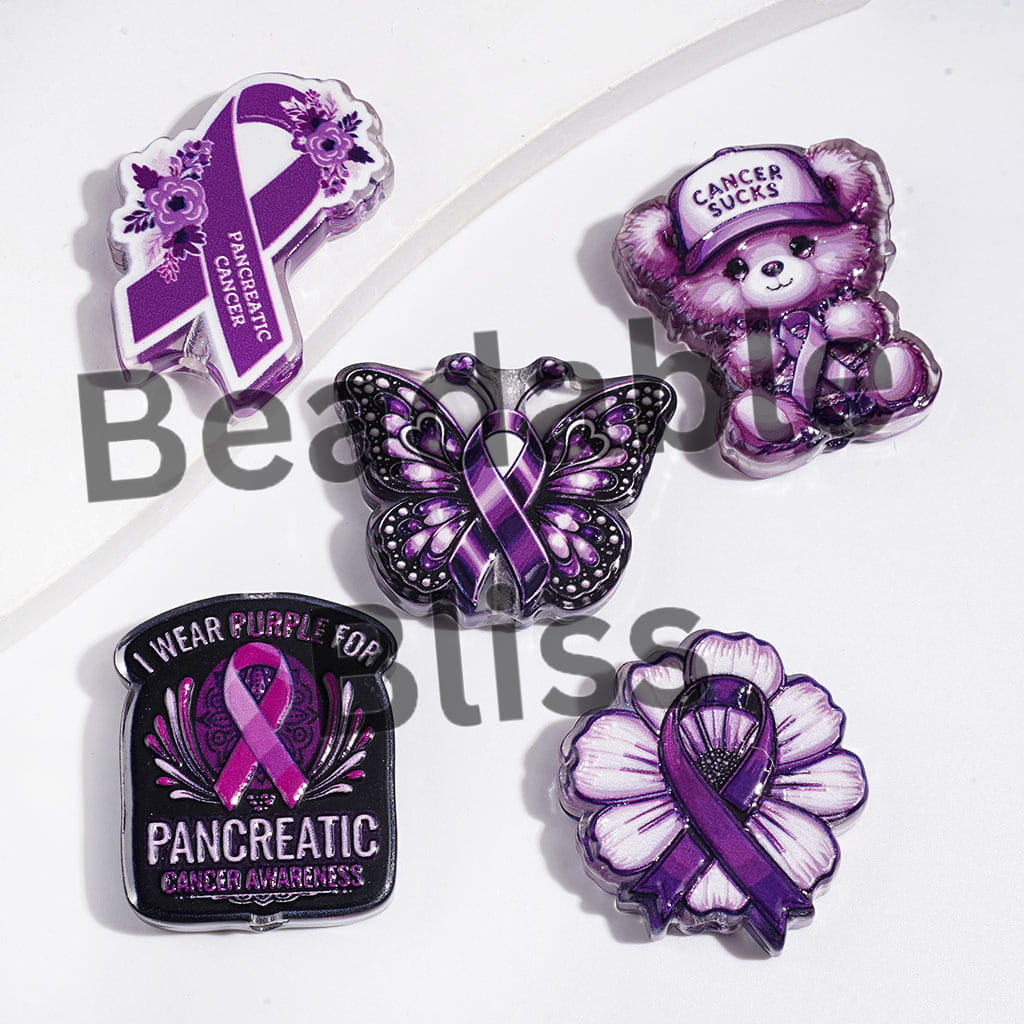 Acrylic Beads Pancreatic Cancer Awarenss in Purple Series, Silk Ribbon Butterfly Flower Pattern, Random Mix