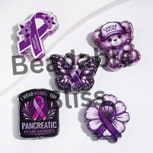 Acrylic Beads Pancreatic Cancer Awarenss in Purple Series, Silk Ribbon Butterfly Flower Pattern, Random Mix
