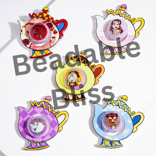 Hollowed Teapot and UV-Coated Round Beads Acrylic Beads, Beautiful Princess and Wild Beast Character Series, Multi-Color, Random Mix