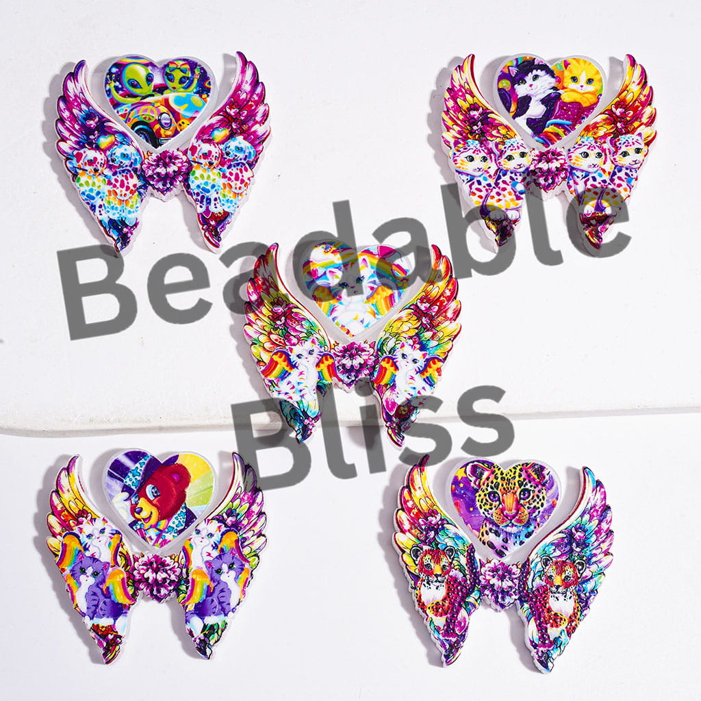 Acrylic Beads with Brightly Colored Animal Theme, Angel Wings and Heart Collection Set, Random Mix