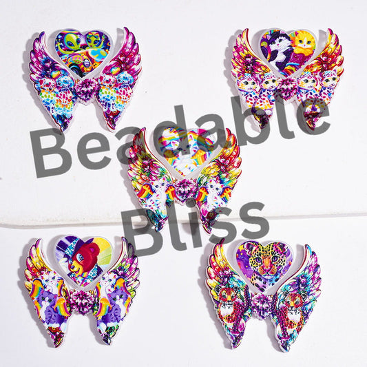 Acrylic Beads with Brightly Colored Animal Theme, Angel Wings and Heart Collection Set, Random Mix