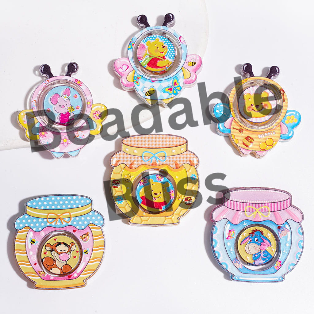 Hollowed Bee & Honey Pot & Flat Round Shape Collection Set Acrylic Beads, Classic Animation Honey Bear Character Series, Semi-Clear, Random Mix