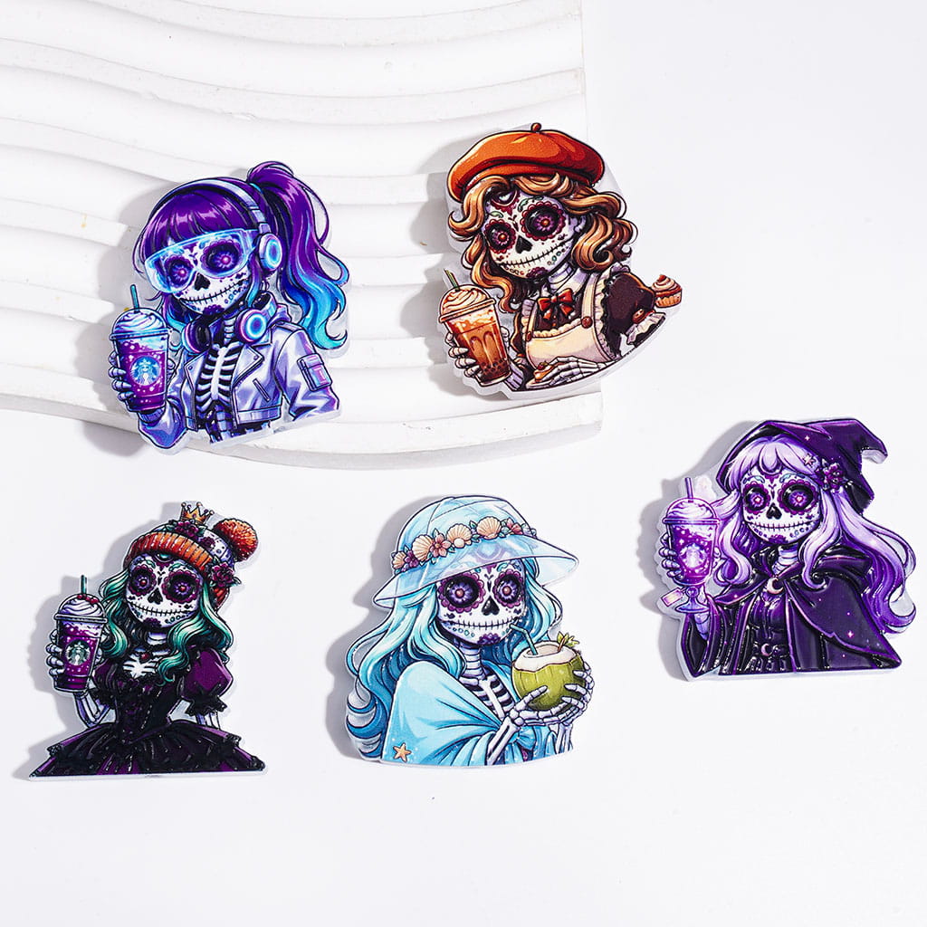 Halloween Girl Skull Skeleton Holding Coffee Cup Acrylic Beads, Day of the Dead Theme, Random Mix