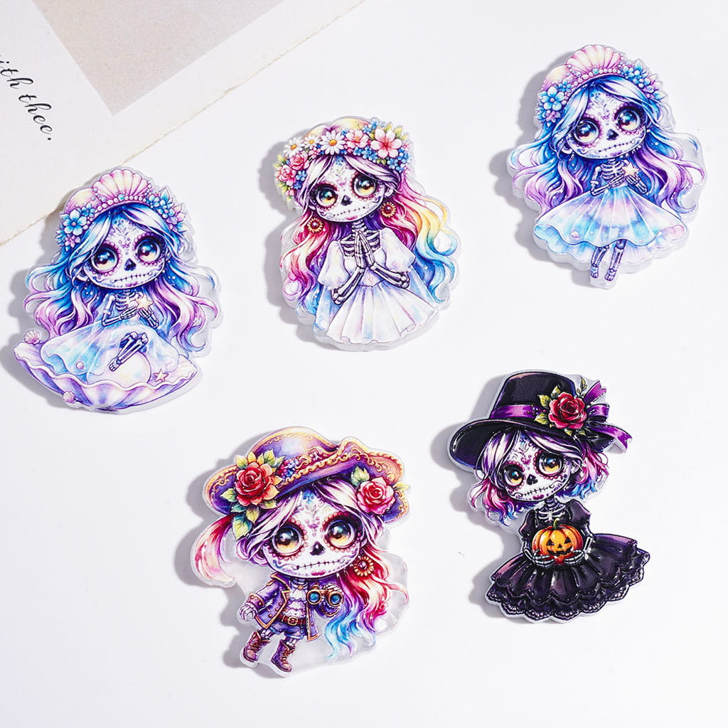 Acrylic Beads Dreamy Style Skull Skeleton Girl Wearing Garland and Hat, Random Mix