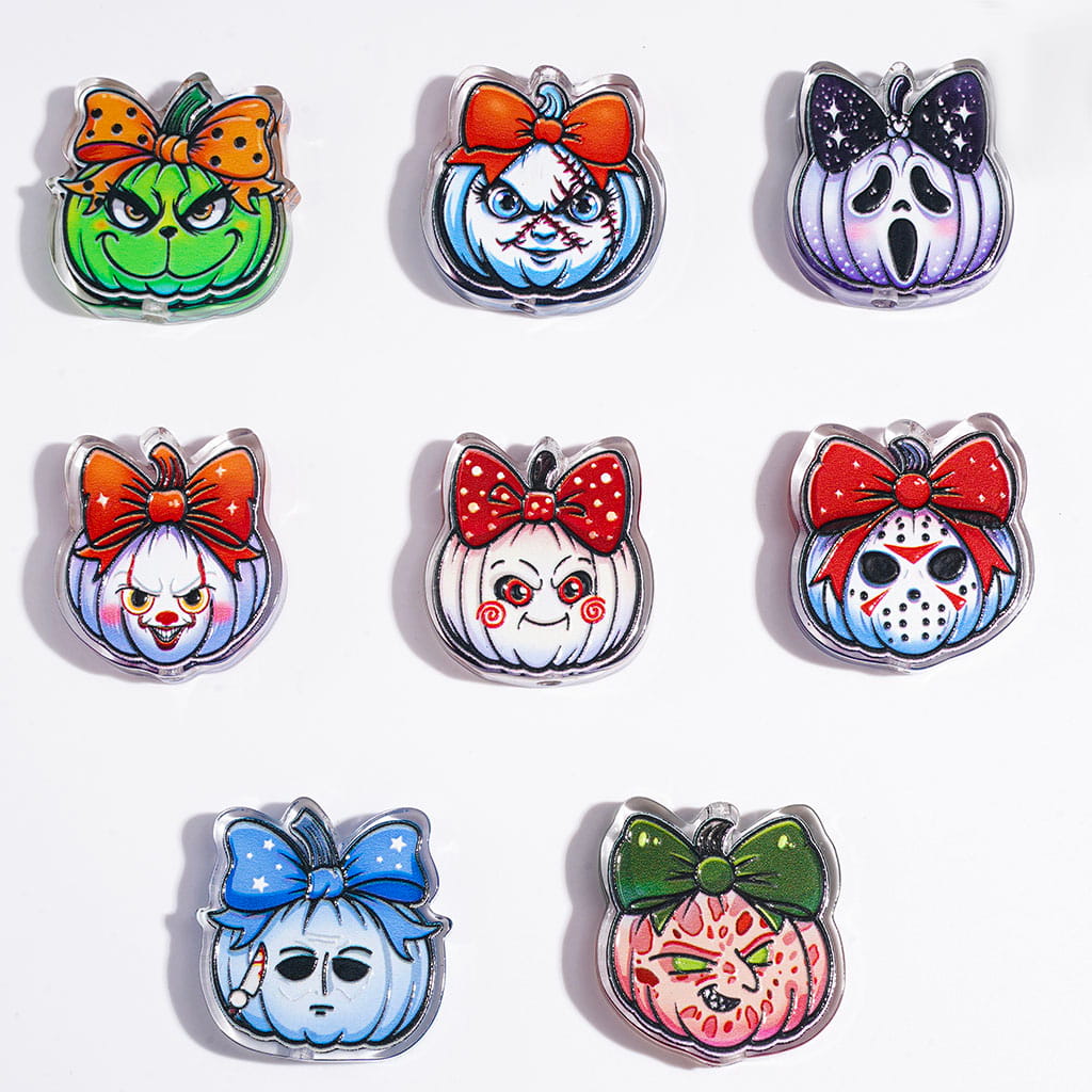 Halloween Scary Pumpkin in Assorted Killer Character Designs Acrylic Beads, Semi-Clear, Random Mix