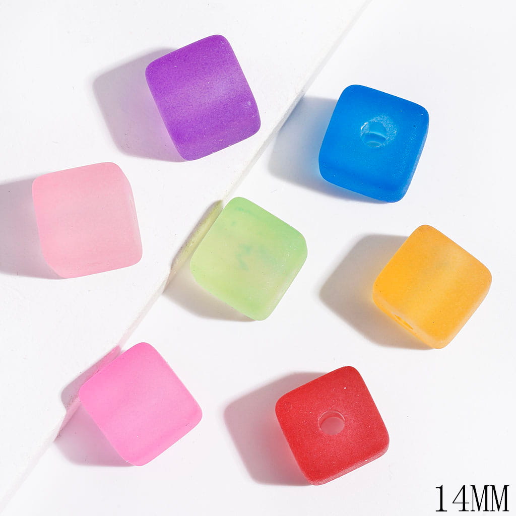 Matte Frosted Cube Square Shape Acrylic Beads, 14MM, Multi-Color, Random Mix