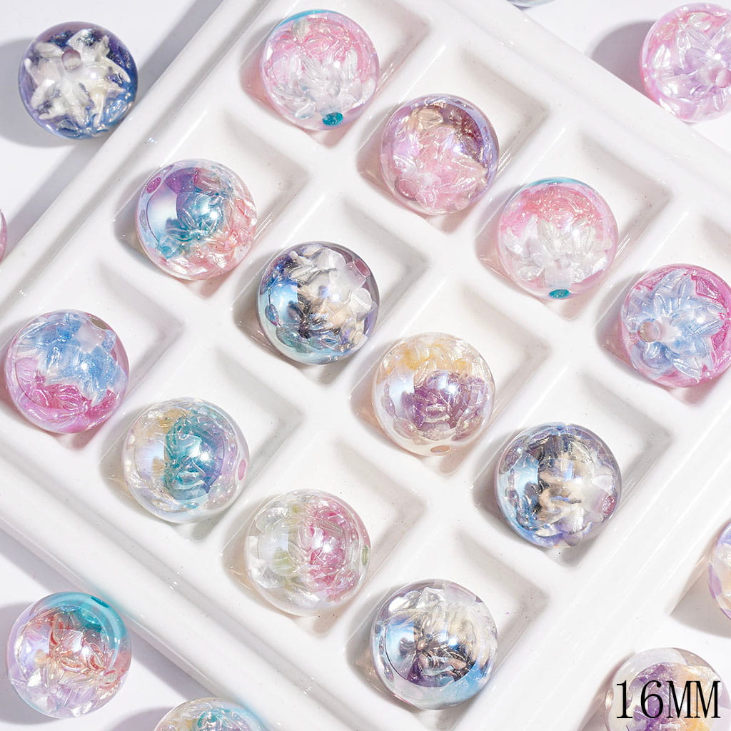 Acrylic Beads for Bracelets UV Finish with Double Layer Five-Petaled Flower and Glitter, 16MM, Multi-Color, Random Mix