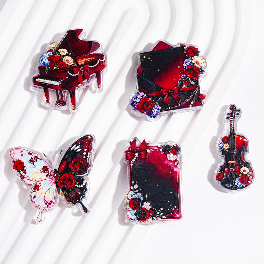Acrylic Beads Butterfly Piano Envelope Violin with Rose Flower, Wine Red Color Style, Semi-Clear, Random Mix