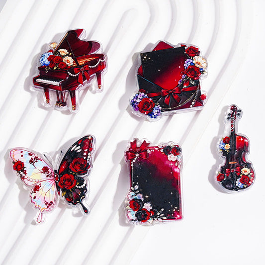 Acrylic Beads Butterfly Piano Envelope Violin with Rose Flower, Wine Red Color Style, Semi-Clear, Random Mix