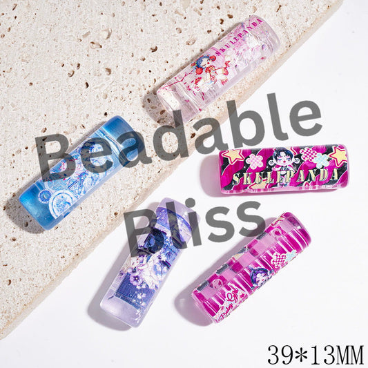 Clear Oval Shaped Cylinder Acrylic Beads with Baby Girl Character Print, Two Holes, 39*13MM Random Mix