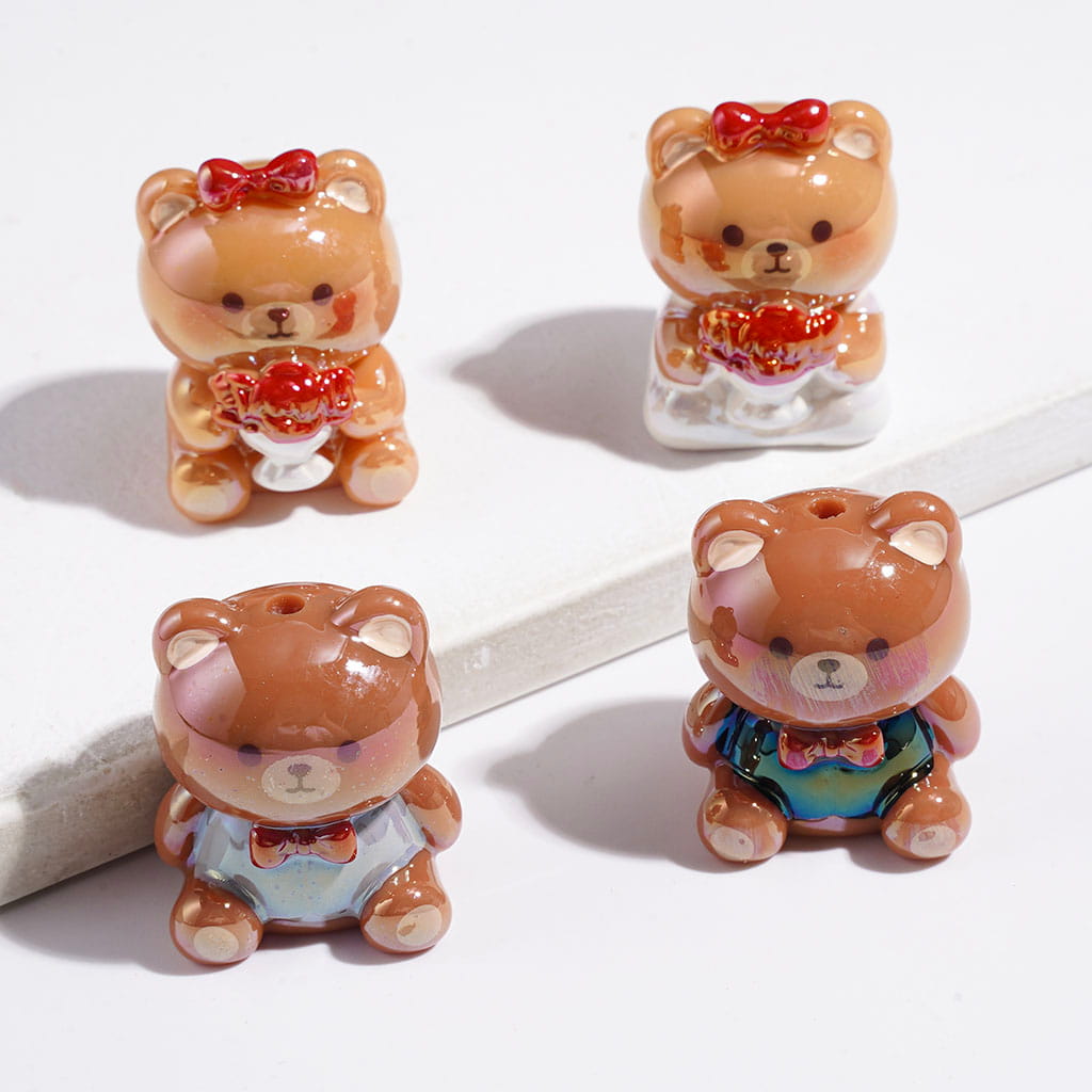 Acrylic Beads UV Finish Bear Wearing Wedding Dress and Suit, Random Mix