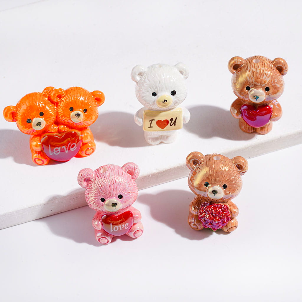 Acrylic Beads UV Coating Bear in Valentine's Day, Random Mix