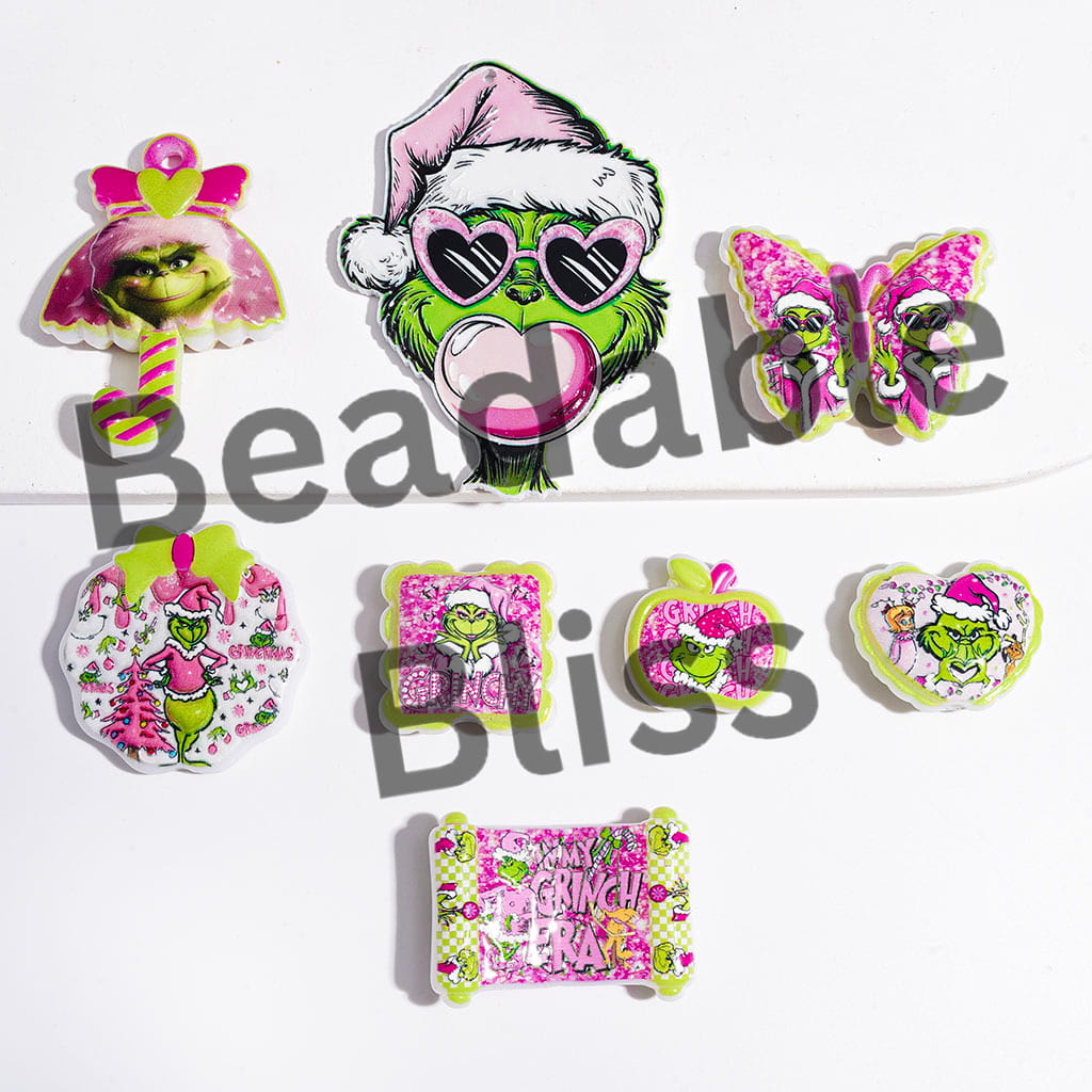 Christmas Green Characters in Pink Series Acrylic Beads and Pendants, Random Mix