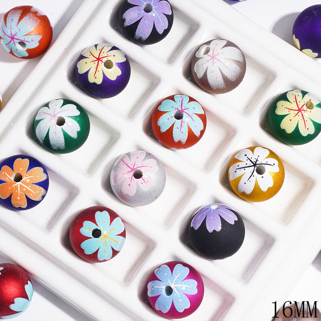 16MM - Acrylic Beads for Bracelets Matte with Sakura Flower, Multi-Color, Random Mix
