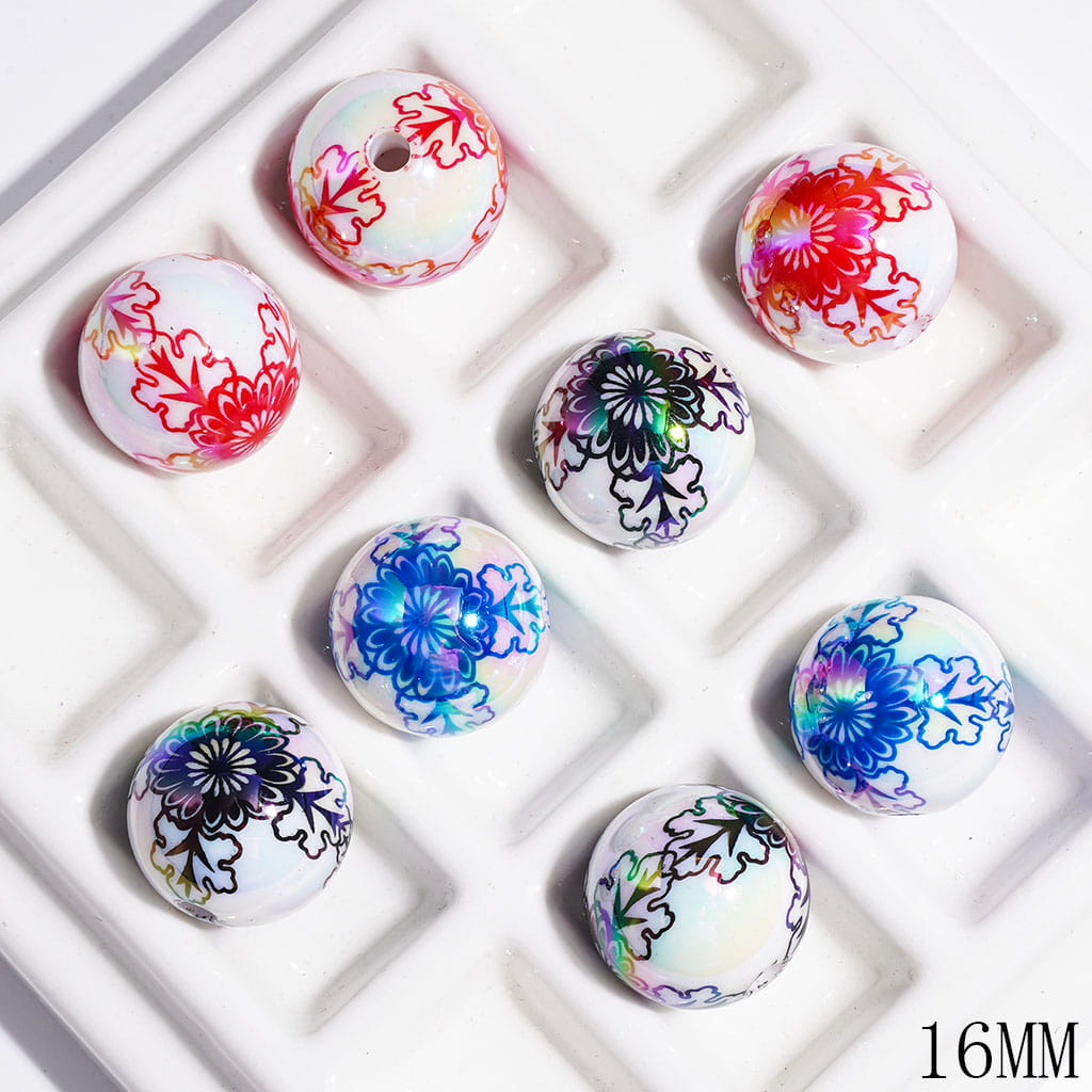 UV Coating Flower in Cross Design Acrylic Beads for Bracelets, Blue & Red & Black, 16MM, Random Mix