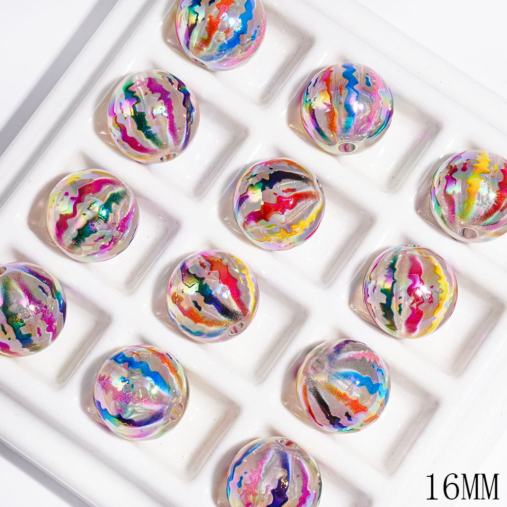 Semi-Clear Acrylic Beads for Bracelets UV Finish with Colorful Watermelon Stripes Texture, 16MM