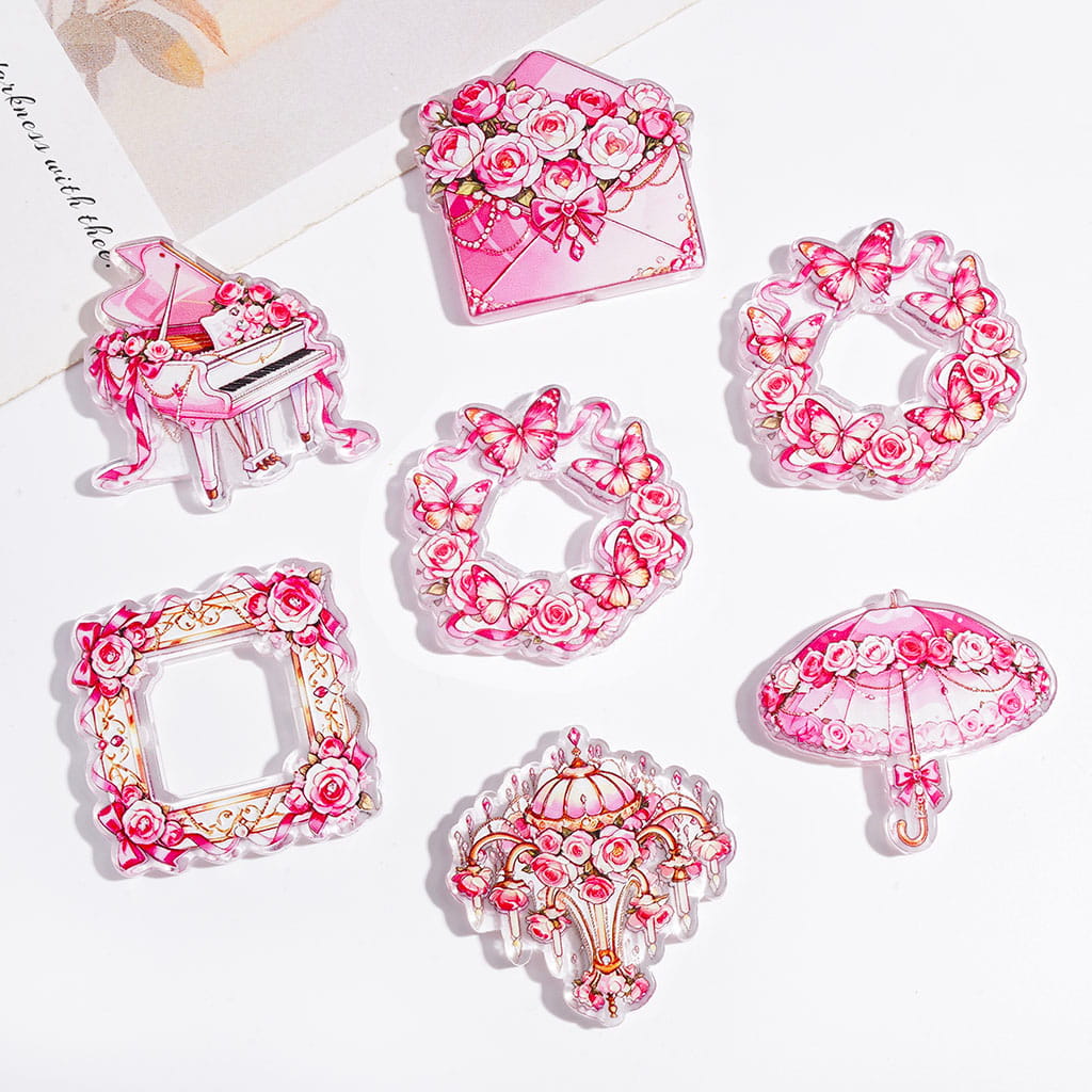 Pink Rouse Series Semi-Clear Acrylic Beads, Umbrella Piano Envelope Photo Frame Flower Garland Crystal Chandelier, Random Mix