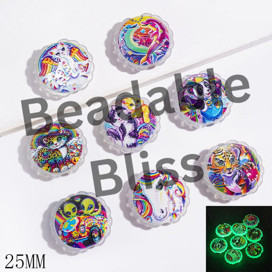 Acrylic Beads Luminous & Cat Eye Style with Brightly Colored Animal Prints, 25MM, Flat Round Shape with Wavy Edge, Random Mix