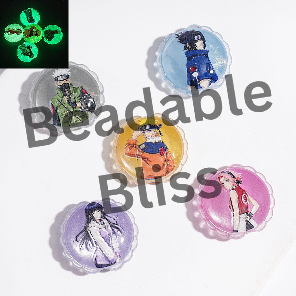 25MM Luminous & Cat Eye Style Acrylic Beads, Flat Round Shape with Japanese Anime Cosplay Character Prints & Wavy Edge, Random Mix