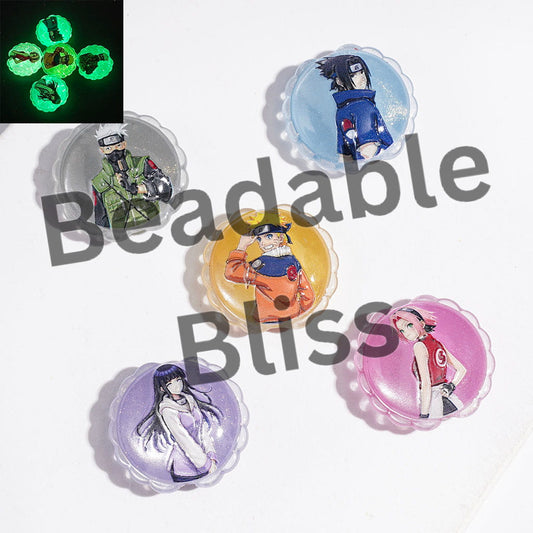 25MM Luminous & Cat Eye Style Acrylic Beads, Flat Round Shape with Japanese Anime Cosplay Character Prints & Wavy Edge, Random Mix