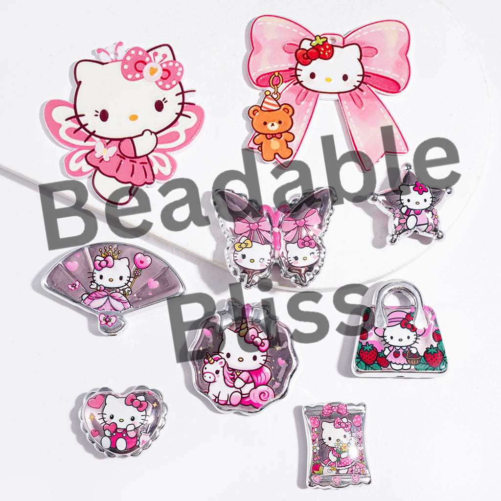 Pink Style Cute Cat Character Series Acrylic Beads and Pendants, Silver Border, Random Mix