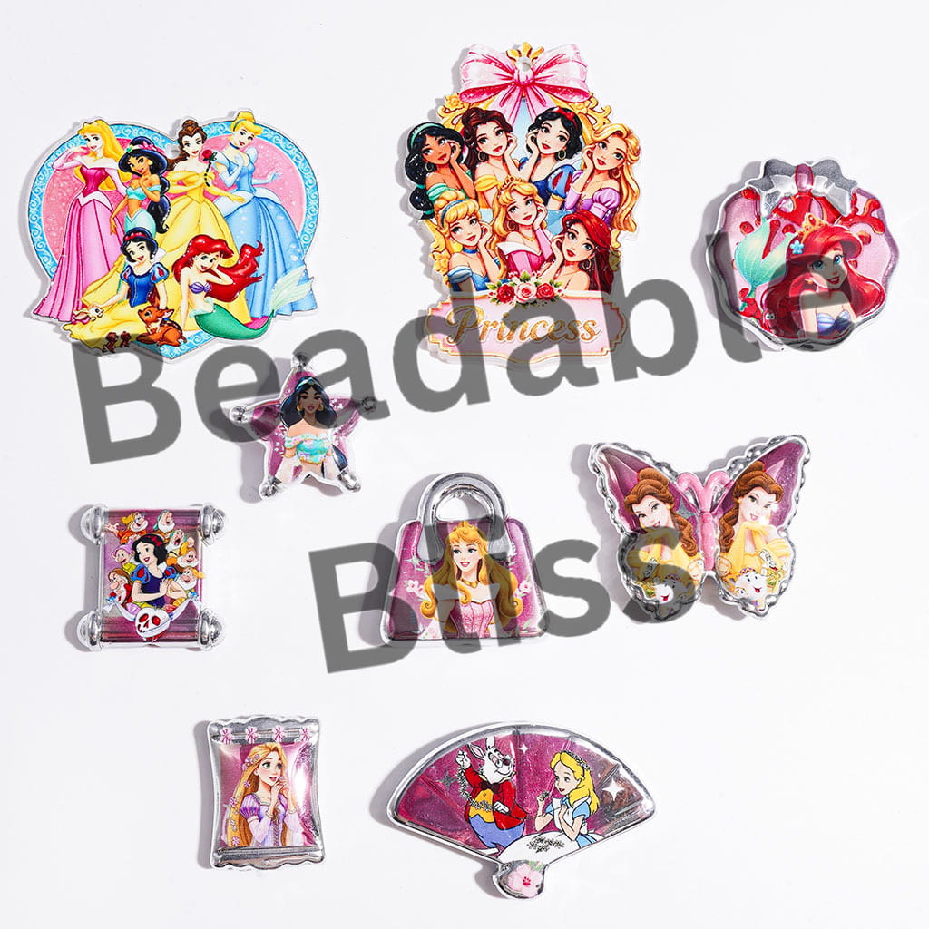 Acrylic Beads and Pendants Classic Beautiful Princess Character Series, Silver Edge Style, Random Mix