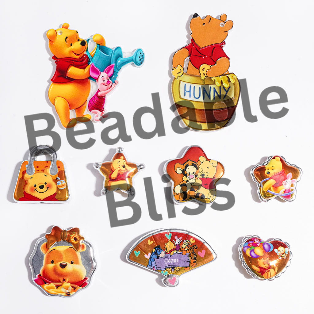 Honey Bear Character Series Acrylic Beads and Pendants, Silver Border and Yellow Style, Random Mix