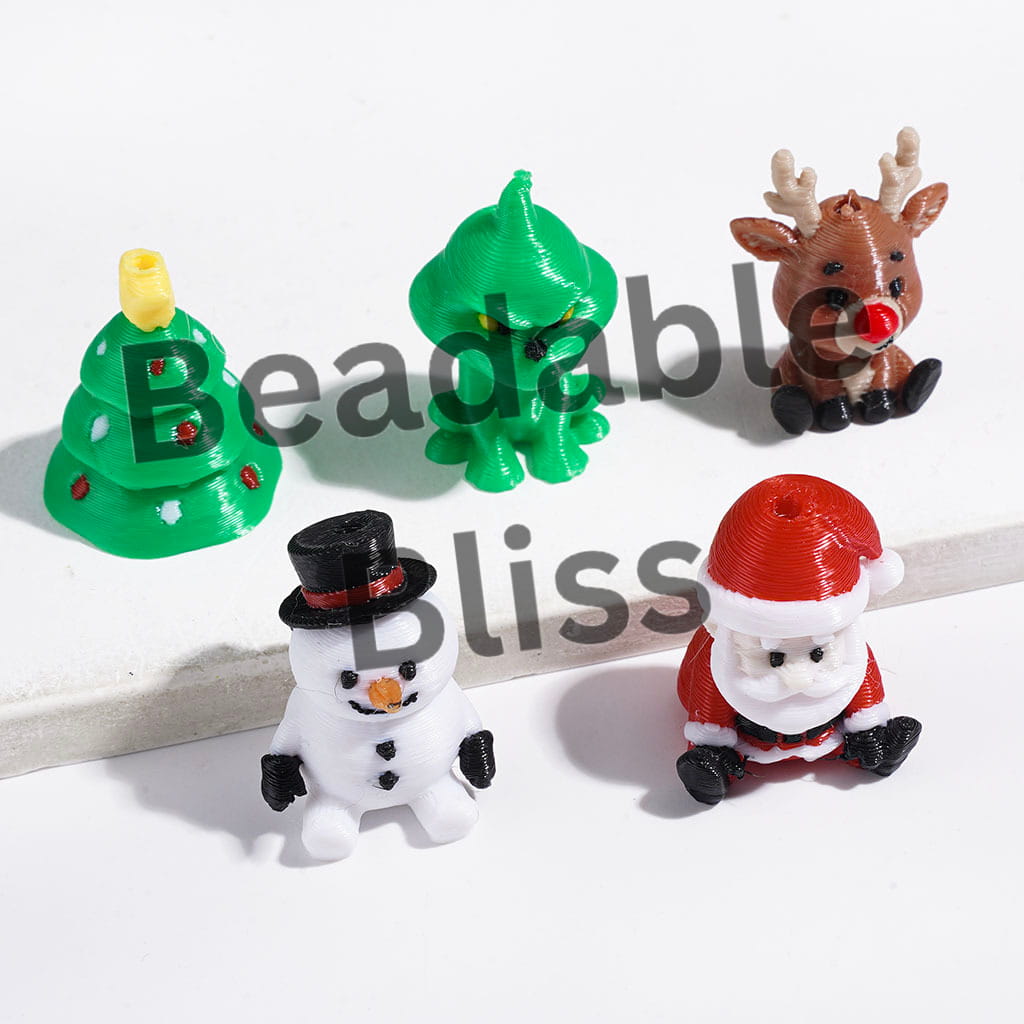 3D Printed PLA Beads with Green Character Christmas Tree Snowman Santa Claus Reindeer, Random Mix
